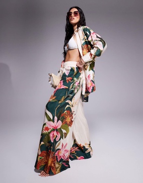 River Island botanical print wide leg pants in cream - part of a set