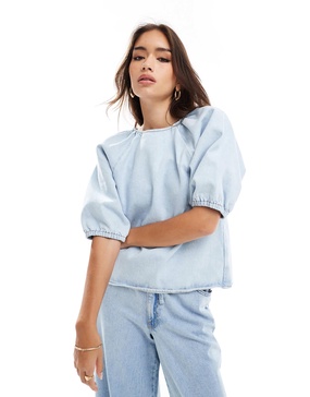 ASOS DESIGN denim raglan puff sleeve top in bleach