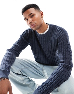 ASOS DESIGN relaxed washed knit cable knit sweater in navy