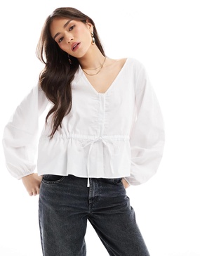 ASOS DESIGN poplin drawstring waist cocoon sleeve blouse in white
