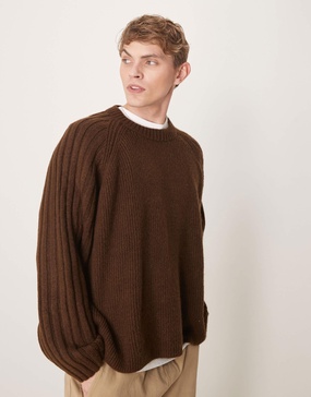 ASOS DESIGN super oversized boxy fit knit crew neck sweater with wide rib sleeves in brown