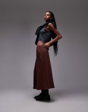 Topshop box pleat midi skirt in brown