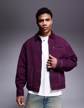 ASOS DESIGN boxy oversized cord collar harrington jacket with contrast stitch in burgundy