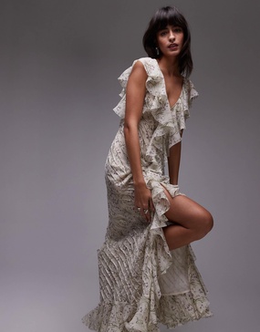 Topshop premium ruffle pintuck gown in soft gray floral