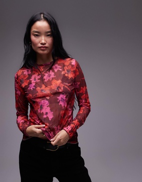 Topshop floral print crinkle mesh long sleeve top in burgundy