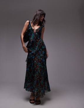 Topshop maxi frill slip dress midi in green floral