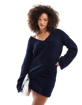 4th & Reckless metallic tinsel v neck sweater in navy - part of a set