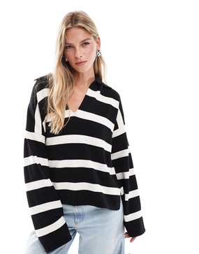 Bershka oversized polo sweater in black & white stripe