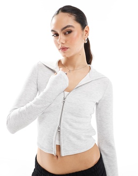 Bershka soft touch zip-up hoodie in light gray