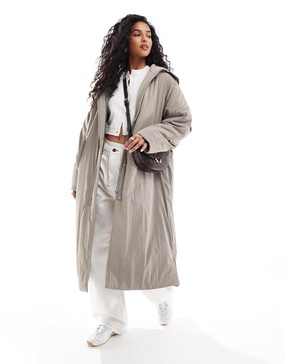 ASOS DESIGN clean longline puffer coat with hood in sage