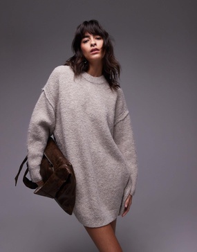 Topshop knitted oversized crew mini dress with exposed seam detail in oat