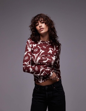 Topshop microfiber all over floral long sleeve top in red