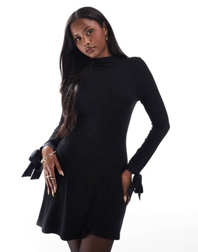 Miss Selfridge satin bow detail high neck flare dress in black
