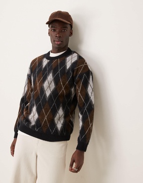 ASOS DESIGN relaxed fluffy knit crew neck sweater with argyle pattern in gray