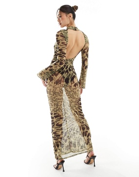ASOS DESIGN mesh long sleeve maxi dress with bodysuit in leopard print