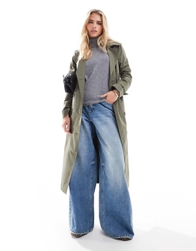 Brave Soul Petite longline belted trench in khaki