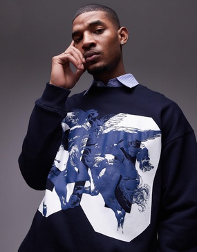 Topman oversized fit sweatshirt with Pegasus textured print in navy