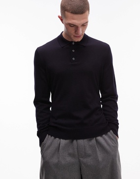 ARKET merino wool heavyweight long sleeve polo shirt in black