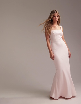 ASOS DESIGN Bridesmaid satin square neck maxi dress in soft pink