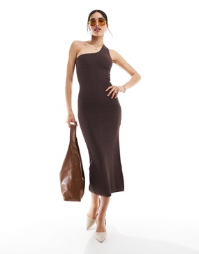 Bershka one shoulder knit maxi dress in chocolate