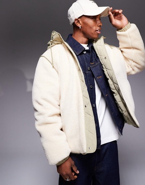 ASOS DESIGN borg hooded jacket in ecru with khaki trims