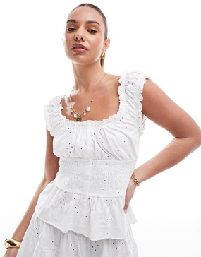 ASOS DESIGN broderie button-up milkmaid top in white