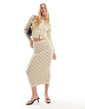 ASOS DESIGN knit jacquard midi skirt in cream polka dot - part of a set