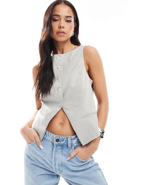 Bershka round neck vest in gray stripe