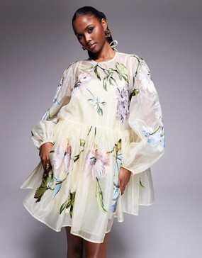 ASOS LUXE oversized organza mini smock dress with floral embroidery in buttermilk