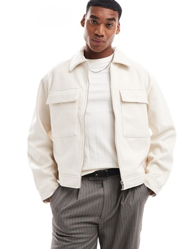 Bershka boxy zip through jacket in ecru