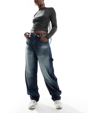 Bershka adjustable waist carpenter jeans in acid wash blue