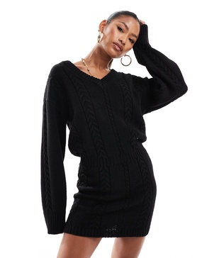 Aria Cove cable knit v neck mini sweater dress in black