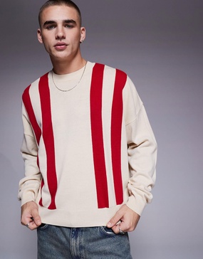 ASOS DESIGN oversized boxy fit knitted crew neck sweater with stripe pattern in beige