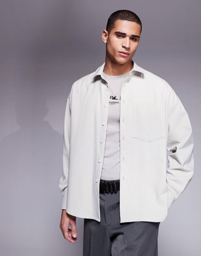 ASOS DESIGN volume oversized shirt with stepped hem in cream