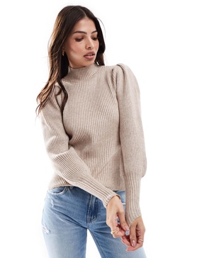ONLY high neck puff sleeves sweater in light beige