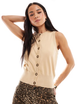 Brave Soul sleeveless knit vest with contrast buttons in camel