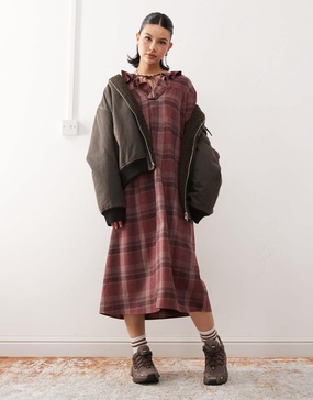 Reclaimed Vintage midi smock dress with tie front ruffle detail in burgundy plaid