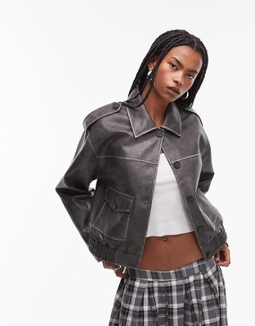 Topshop faux leather cropped button thru patch pocket bomber jacket in washed black
