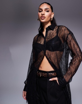 River Island sheer lace shirt in black