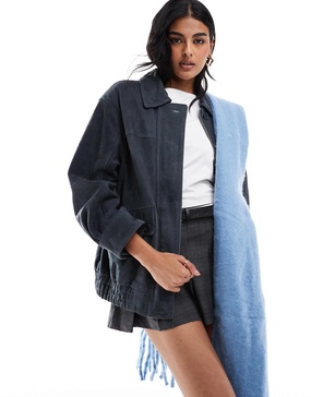 ASOS DESIGN real suede oversized bomber jacket in blue