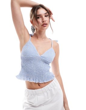 ASOS DESIGN shirred cami top in blue gingham
