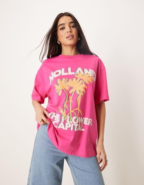 ASOS DESIGN oversized T-shirt with Holland floral graphic in pink