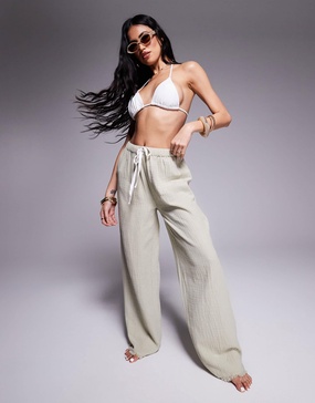ASOS DESIGN Callie cheesecloth frayed beach pants in washed sage