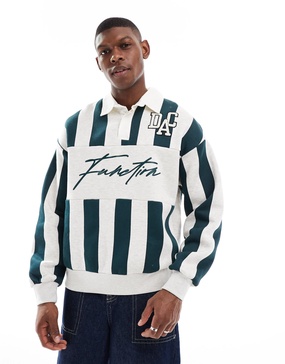 Bershka striped rugby polo in green and white