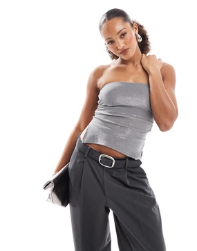 Bershka ruched side glitter bandeau in silver