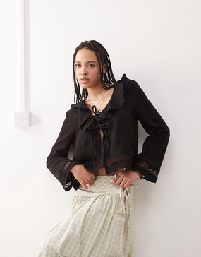Reclaimed Vintage frill neck boho top with fluted sleeves