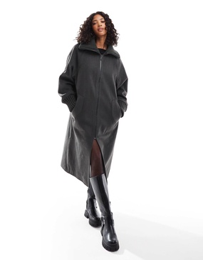 ASOS DESIGN knit collar longline coat in charcoal