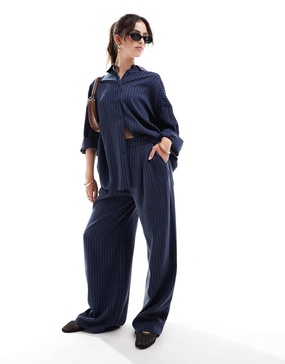 ASOS DESIGN wide leg pull on pants in navy stripe
