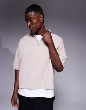 ASOS DESIGN overhead boxy plisse regular shirt in mushroom