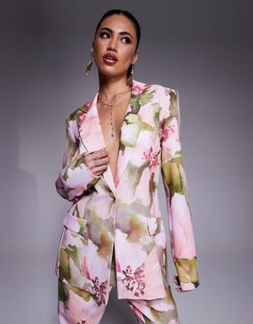 ASOS LUXE single breasted tailored suit blazer in pink floral print - part of a set